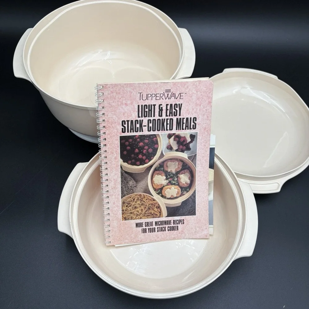 Vintage Tupperware 3 Pc Stackable Cooker In The Microwave Recipe Book Almond